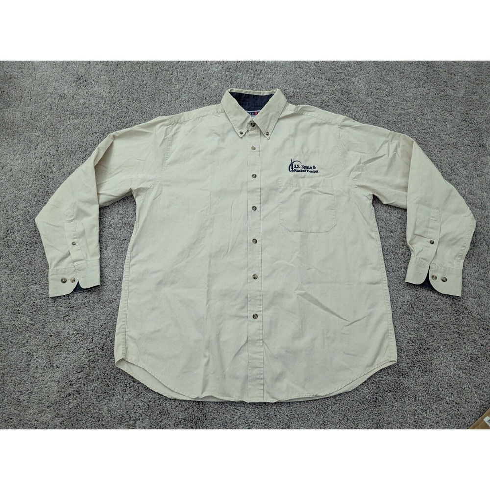 Jerzees Button Up Shirt Mens Large Beige Easy Care "US Space & Rocket Center"